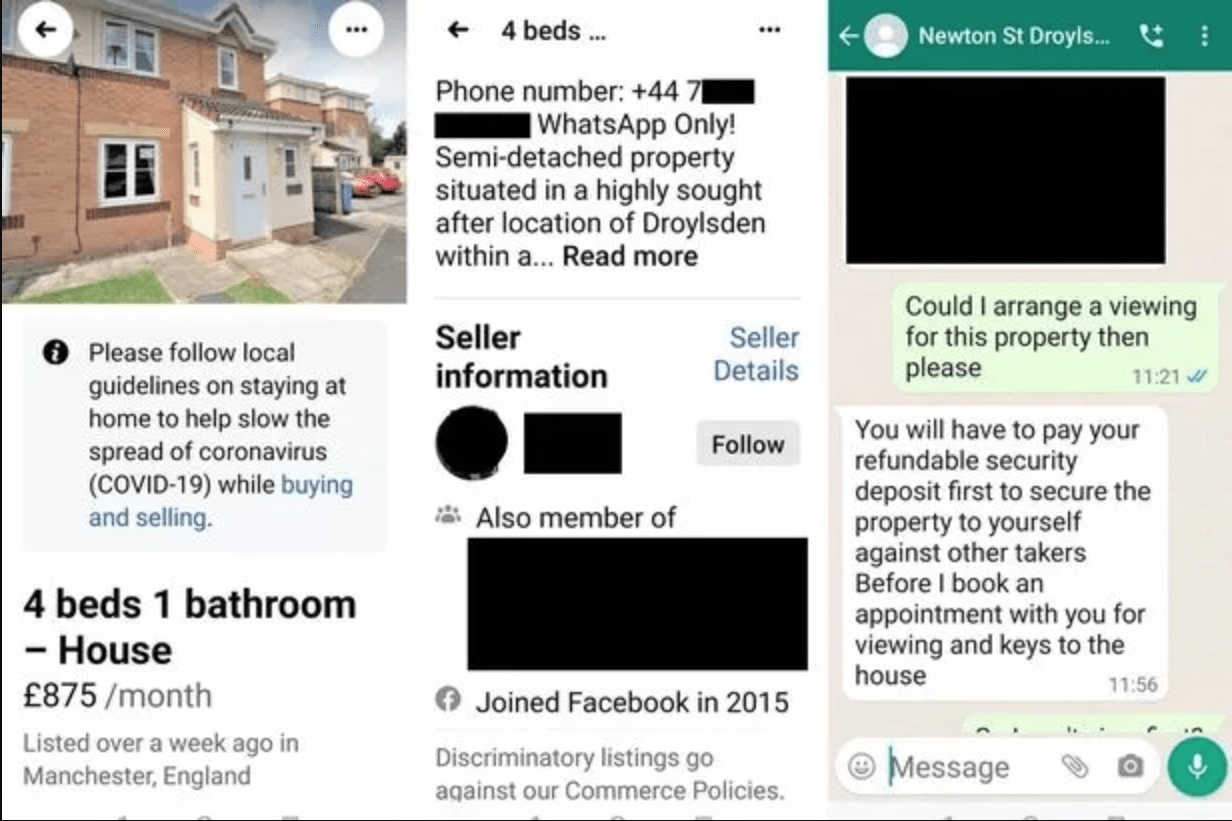 The Facebook advert for the New Islington apartment in the two left panels, with the real advert found on Rightmove to the right
